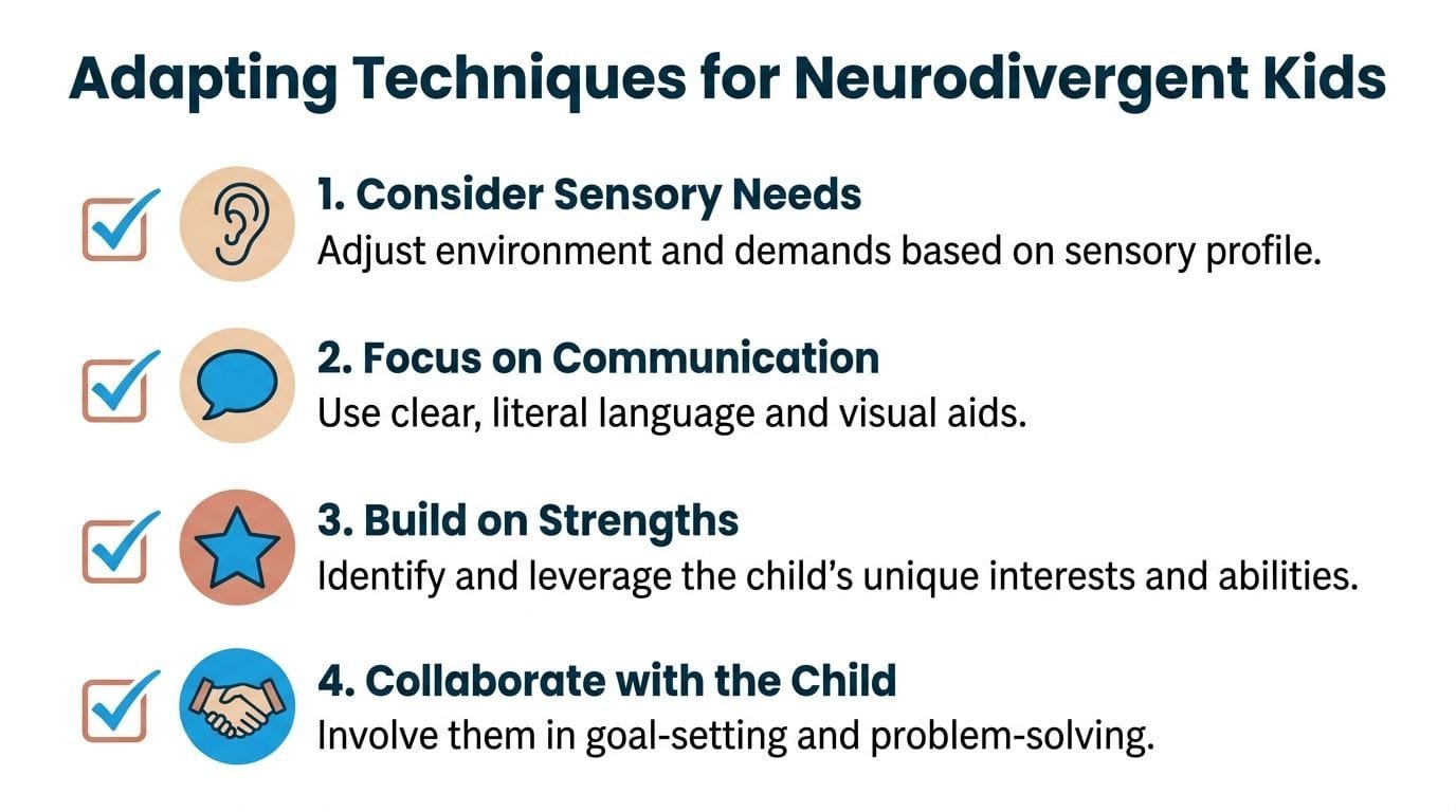 A list of four essential techniques for supporting neurodivergent children, including sensory, communication, and collaboration strategies.