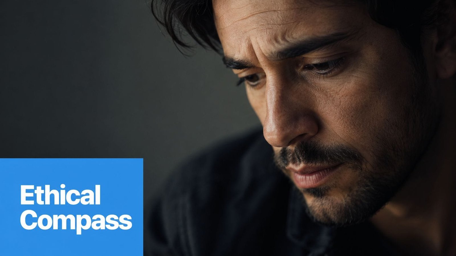 A close-up of a thoughtful man looking down with a serious and pensive expression on his face.