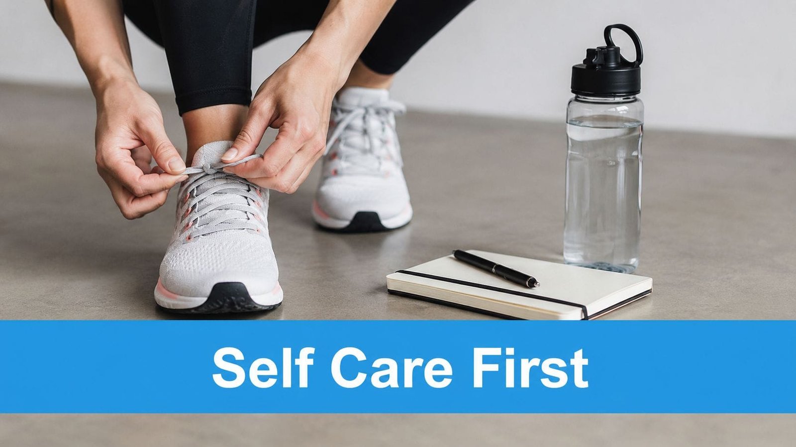 A person tying their running shoes near a water bottle and notebook, symbolizing burnout prevention strategies.