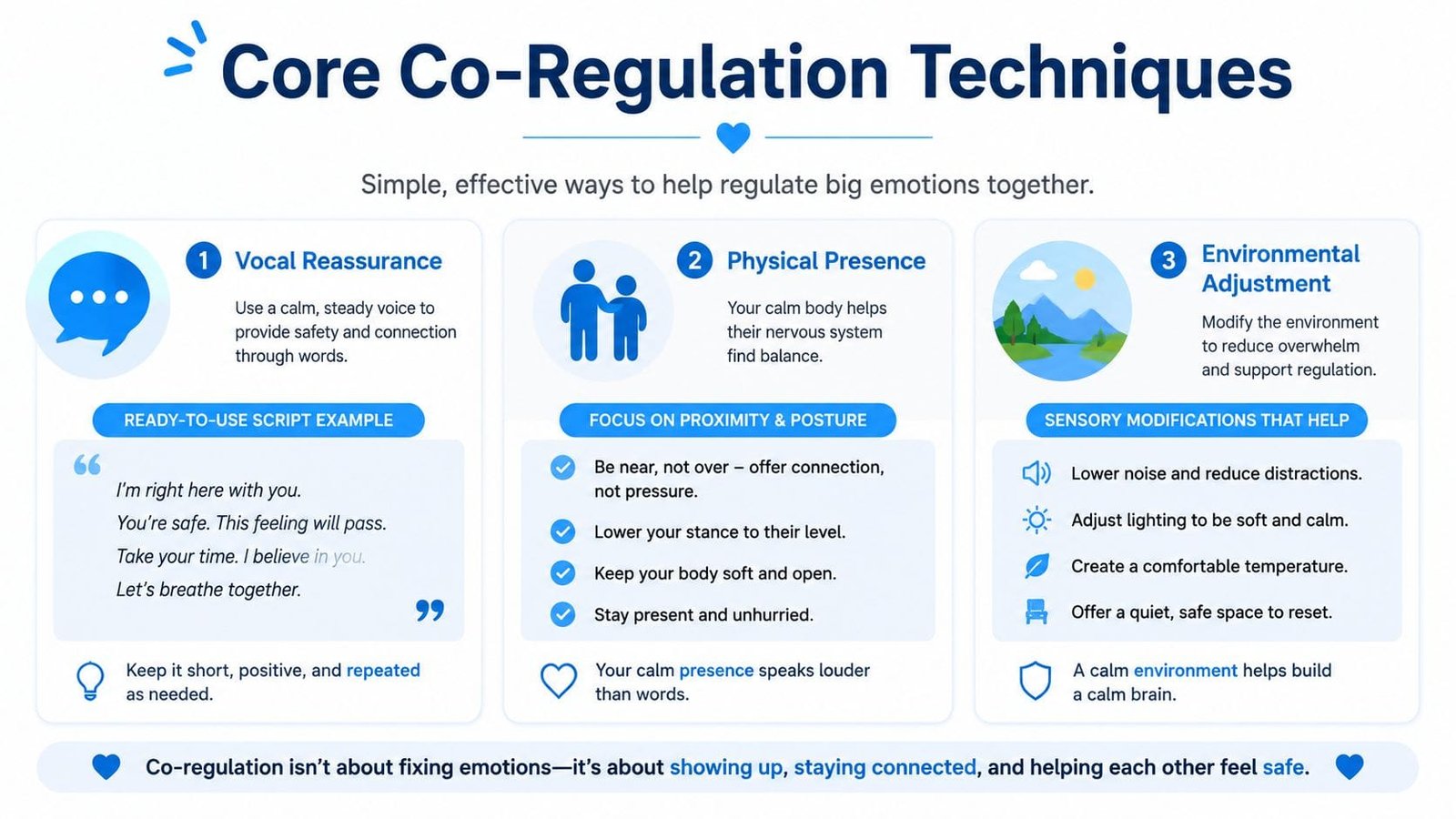 An infographic titled Core Co-Regulation Techniques, listing three strategies including vocal reassurance, physical presence, and environmental adjustment.