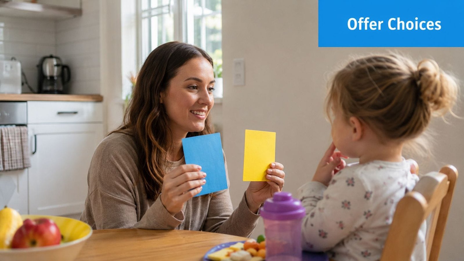 A mother sitting at a table with her young daughter, offering her two colored cards to choose from.