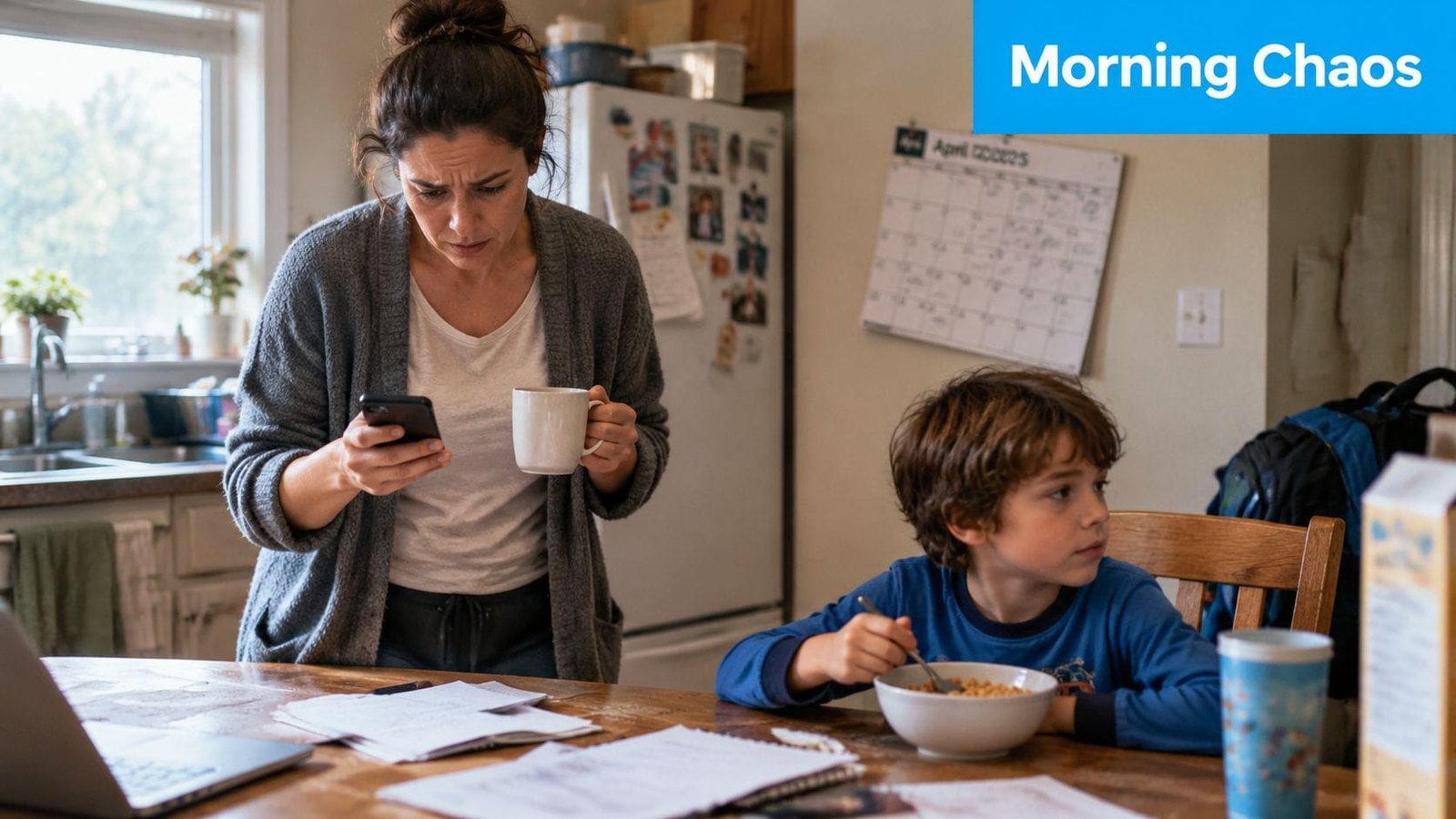 A concerned mother looks at her smartphone while her son eats breakfast at the kitchen table.