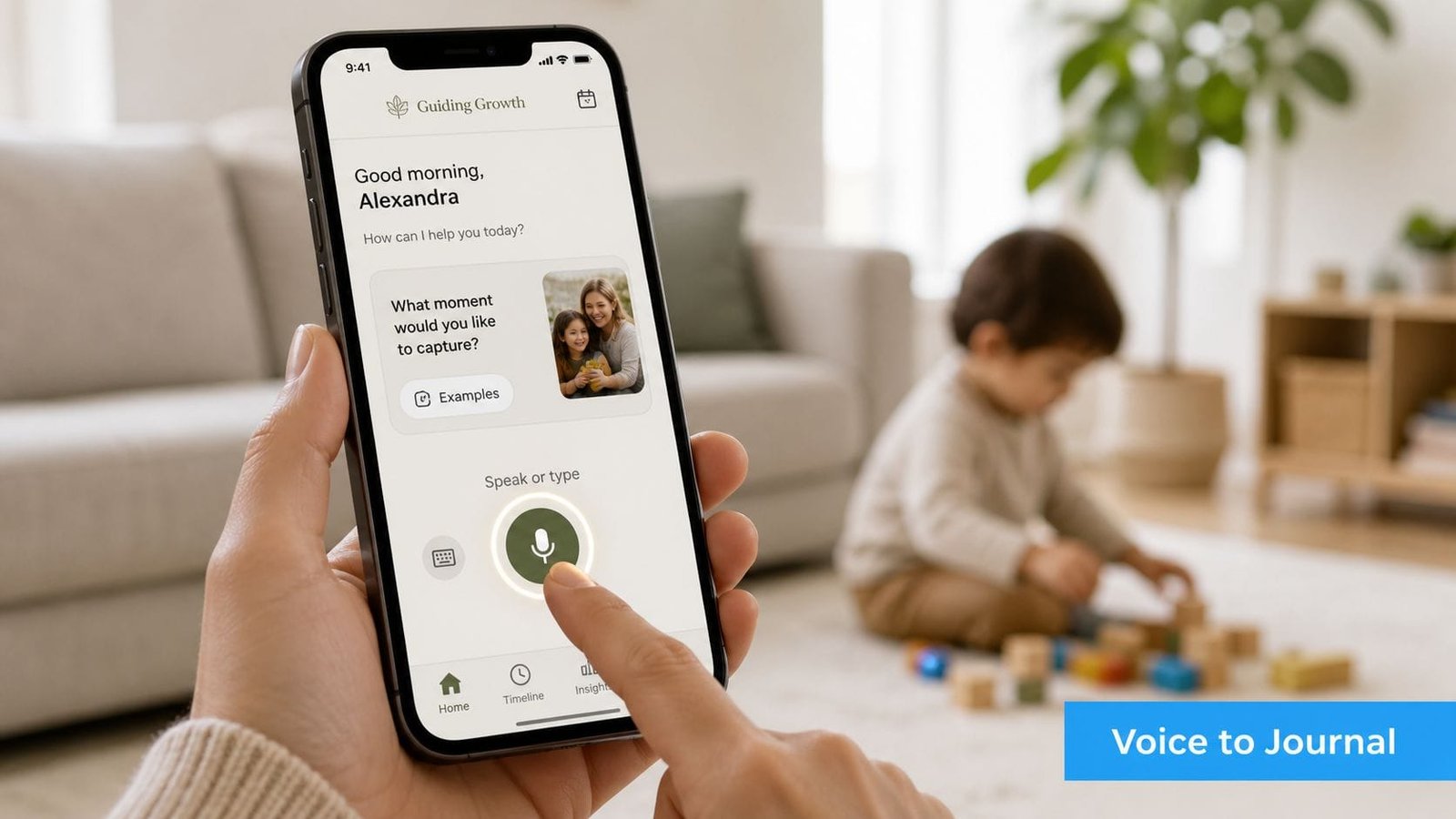 A person using a parenting journal app on a smartphone to capture a memory while a child plays.