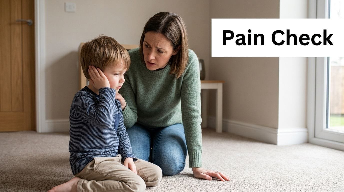 A concerned mother comforting her young son who is holding the side of his head in pain.