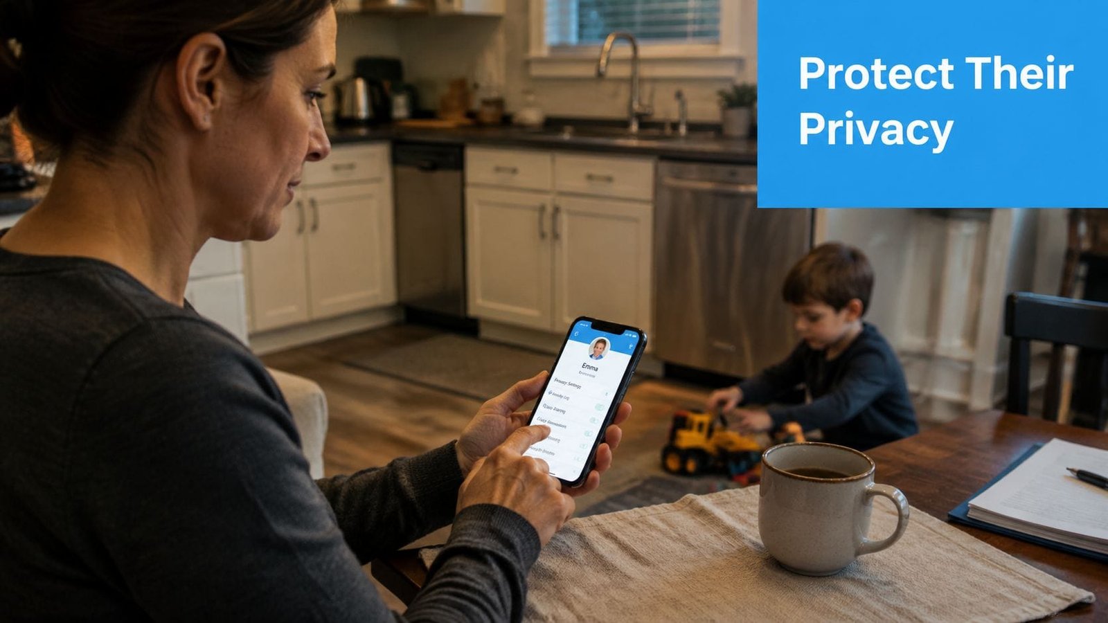 A woman using a smartphone app to check child privacy settings while in a home kitchen.