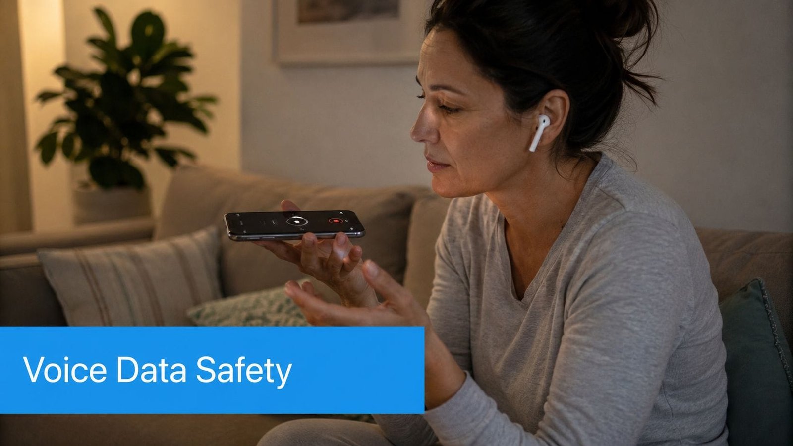 A woman holding a smartphone and recording a voice memo while sitting on a couch at home.