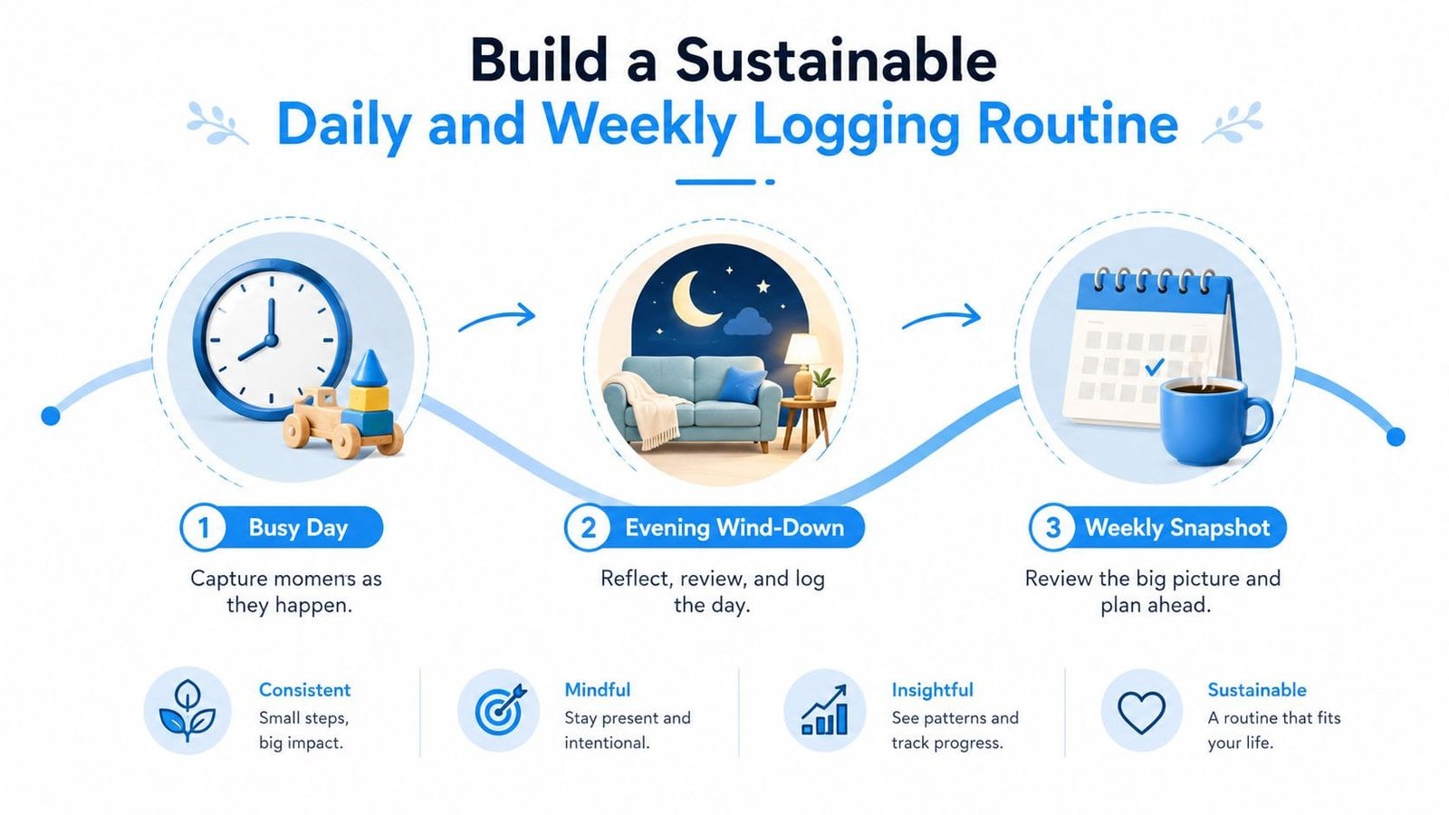 A visual guide for building a daily and weekly logging routine for personal progress and reflection.