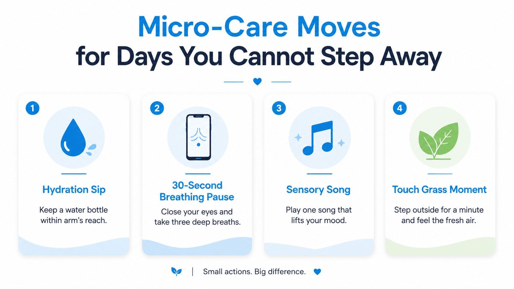 An infographic titled Micro-Care Moves for Days You Cannot Step Away featuring four simple self-care tips.