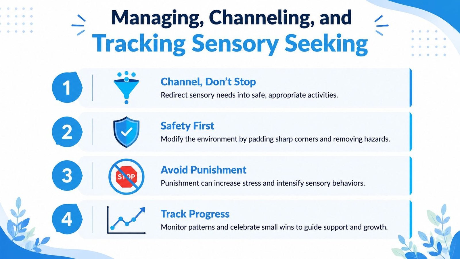 A colorful infographic illustrating four effective strategies for managing, channeling, and tracking sensory seeking behaviors in individuals.