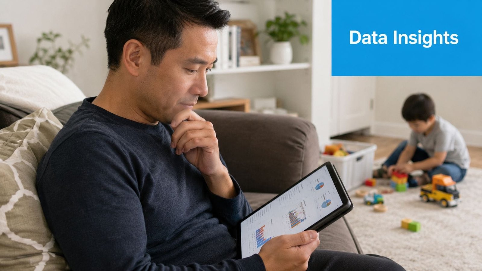 A man sitting on a couch examining data charts on a tablet while a child plays nearby.