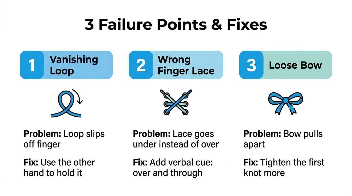 A diagram illustrating three common failure points when tying shoelaces, with problems and fixes for each.
