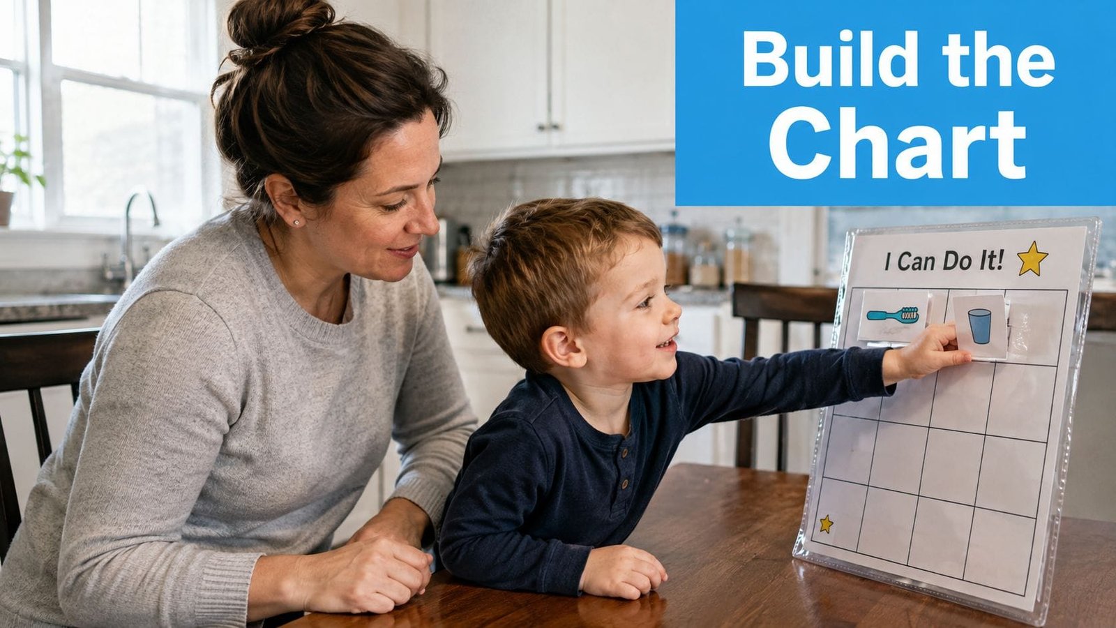 A mother helping her young son use a visual behavior chart for daily tasks at home.