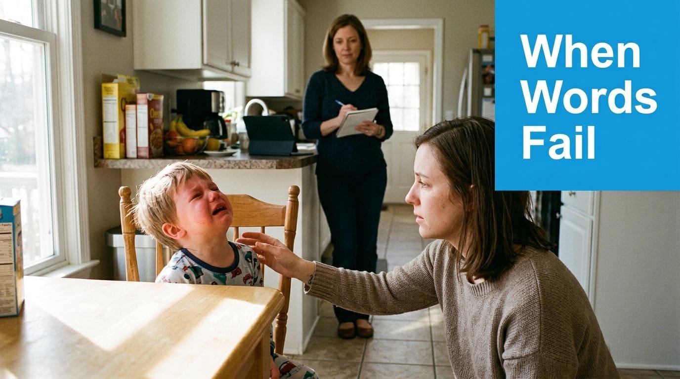 A caring woman comforting a crying young child in a kitchen while another person observes nearby.