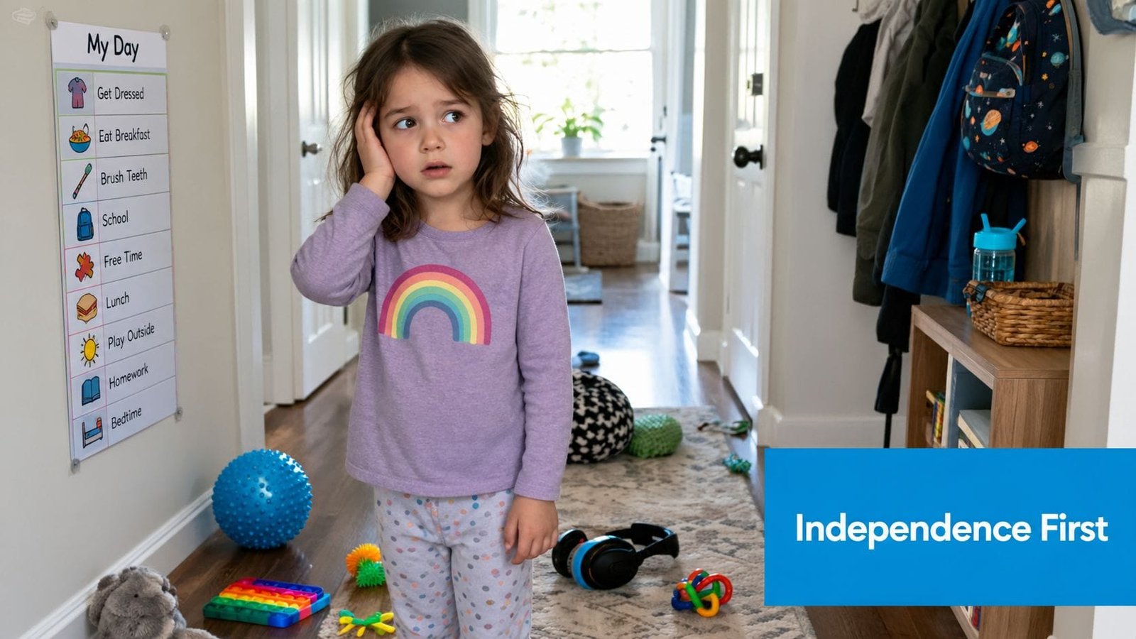 A young girl in a rainbow shirt standing in a messy hallway with a daily activity chart.