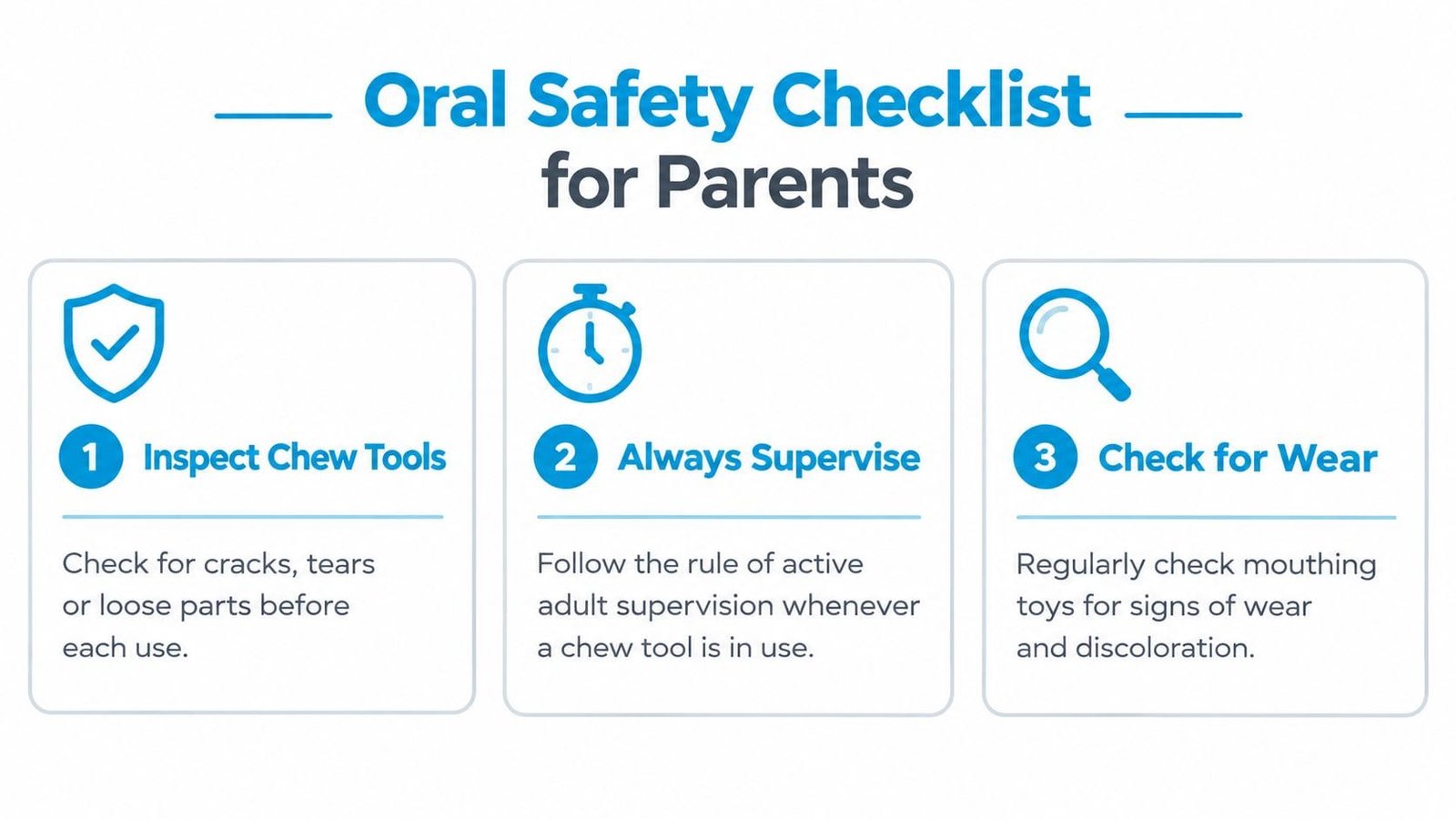 A safety checklist infographic for parents regarding the use of oral sensory chew tools for children.