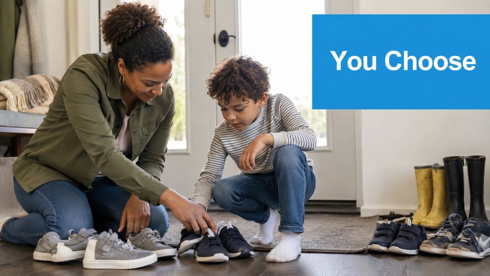 A mother and her young son kneeling together on the floor while choosing shoes for the day.