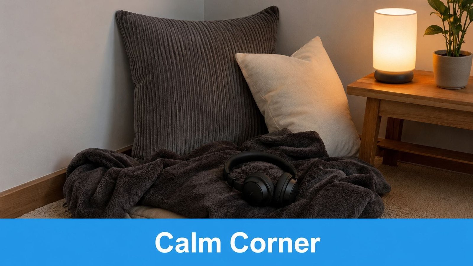 A cozy, quiet reading corner featuring a soft blanket, pillows, and headphones on a plush floor mat.