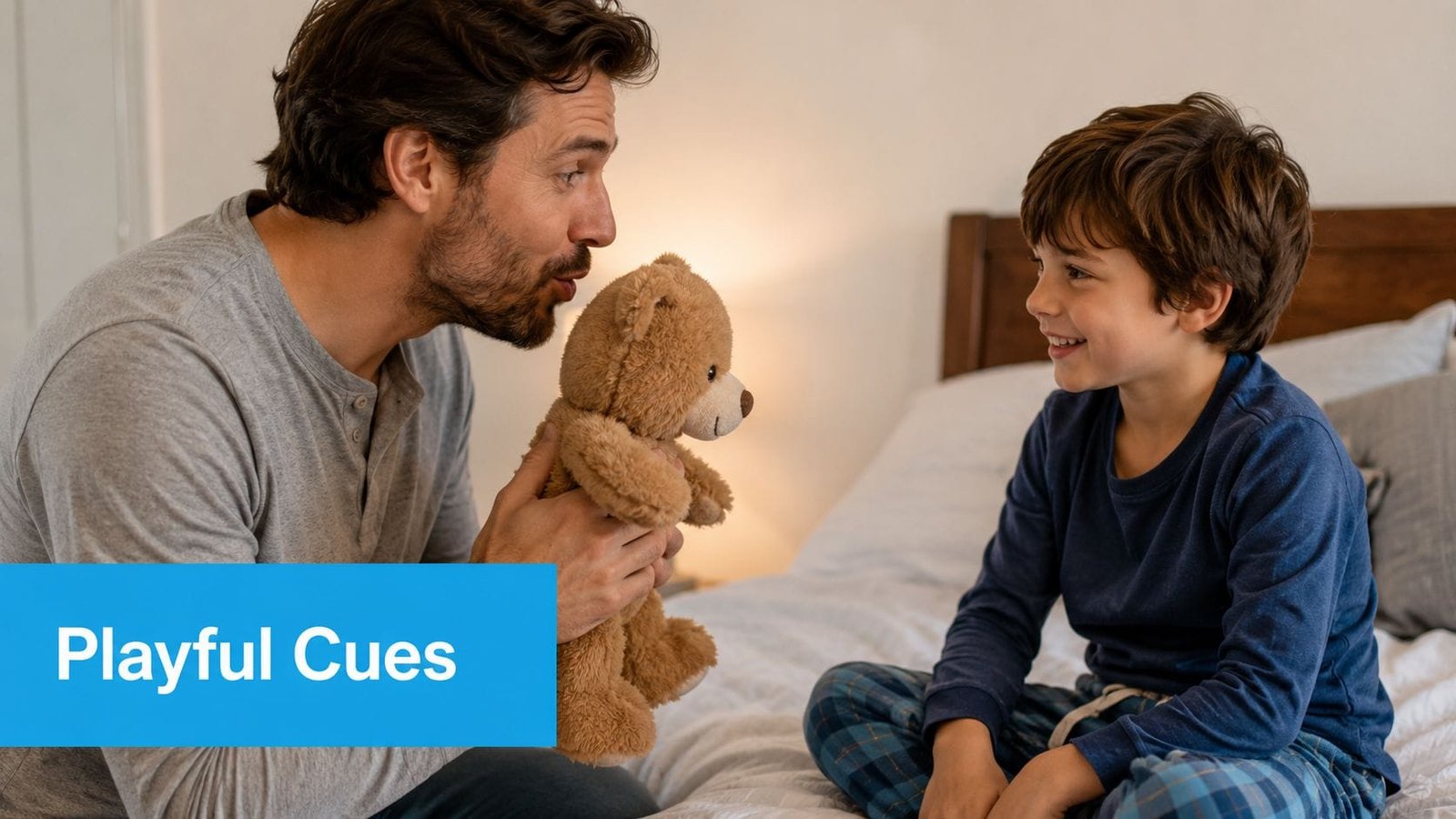 A father smiles while playfully using a teddy bear to interact with his son on a bed.