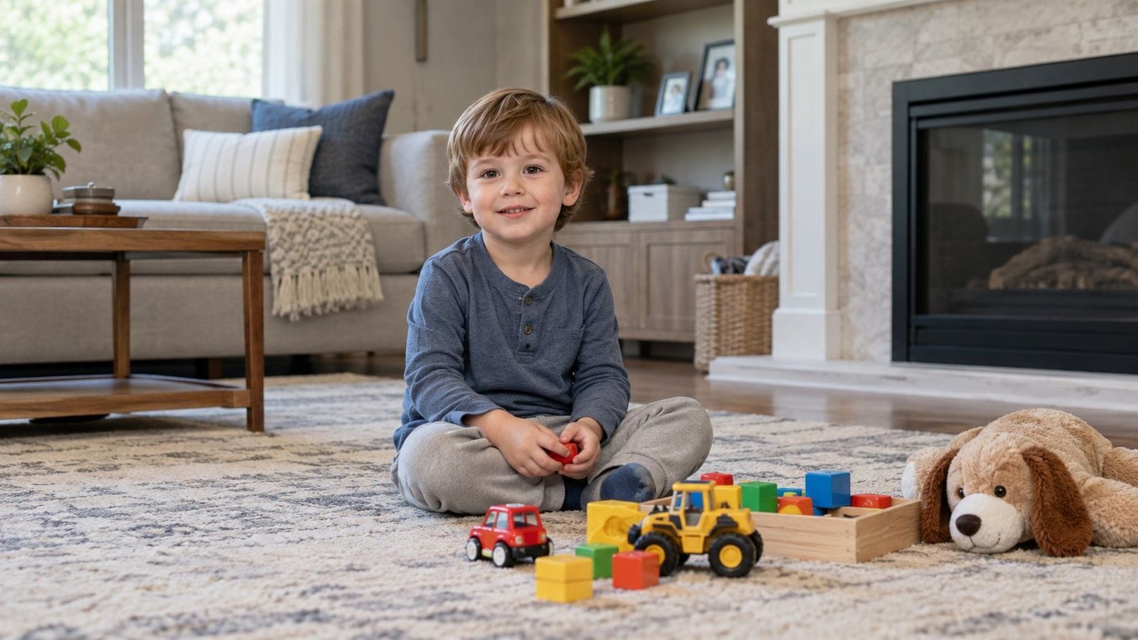 A young boy smiling while sitting on a living room rug playing with toy cars and blocks.