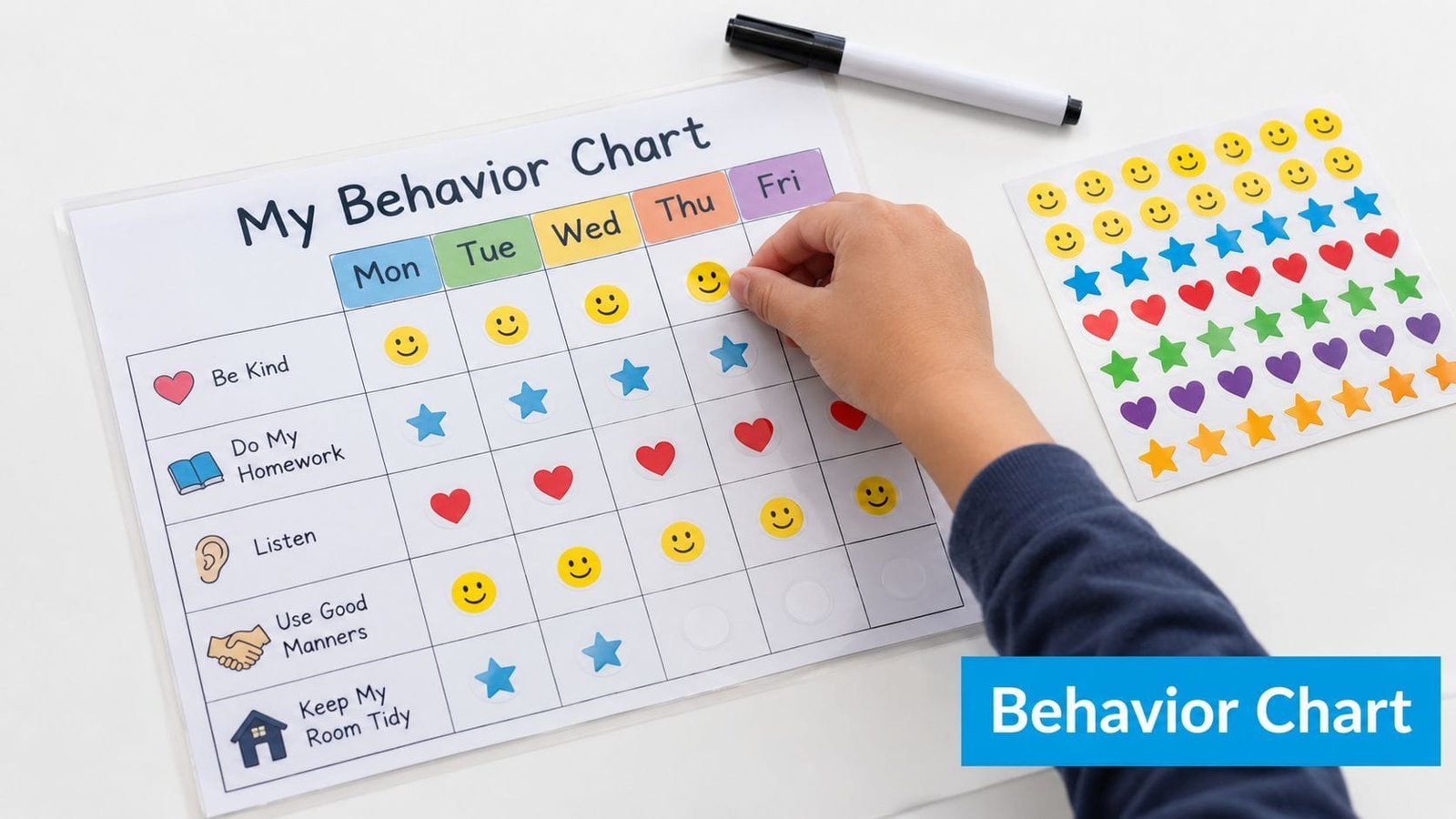 A child placing a smiley face sticker on a printable behavior chart for home activities.