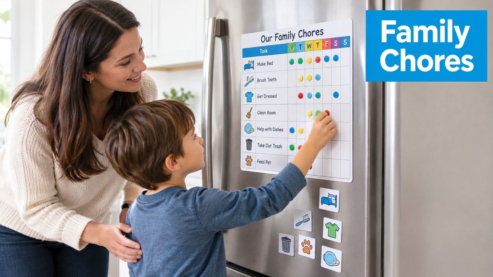 A mother watching her young son placing a magnetic chore token on a family wall chart.