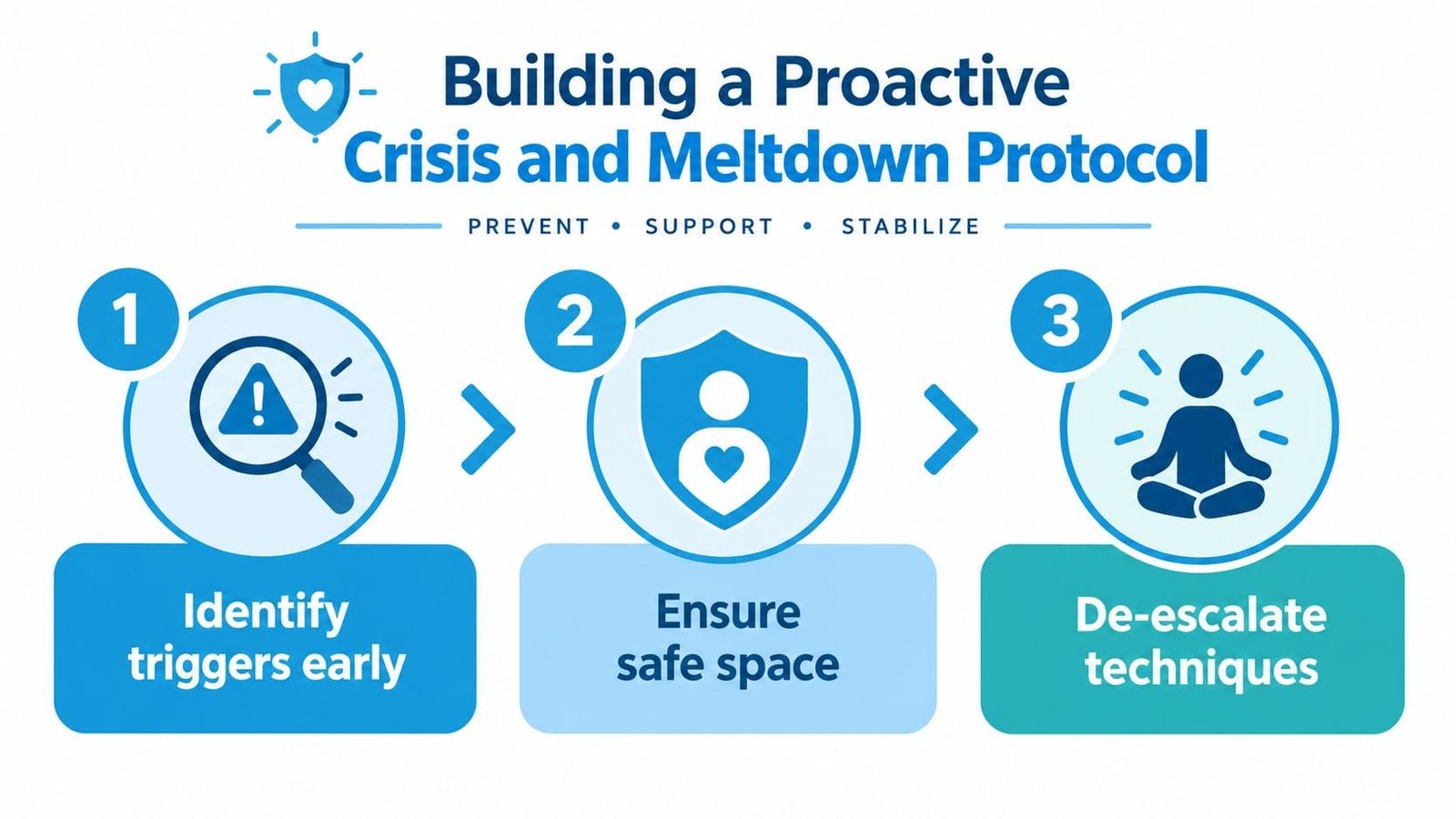 A diagram outlining a three-step proactive crisis and meltdown protocol involving identification, safety, and de-escalation techniques.