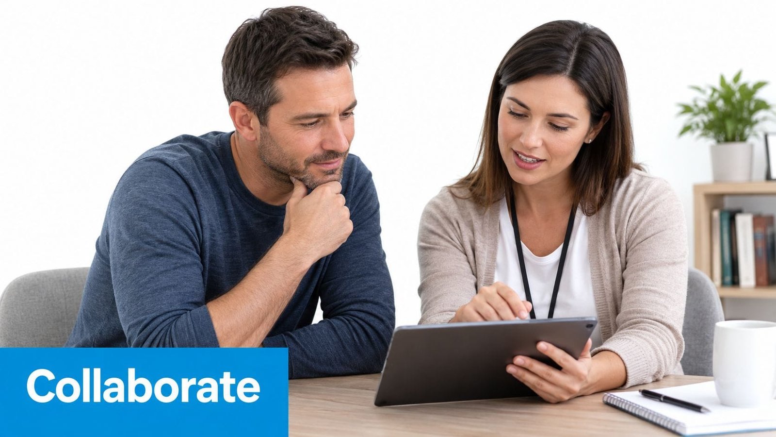 A professional caregiver discussing information on a tablet computer with a man during an office meeting.