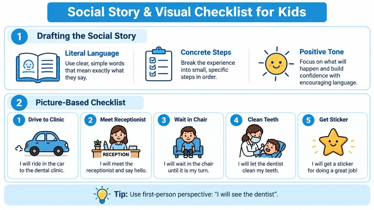 A social story and visual checklist for kids outlining steps for a dental clinic visit.