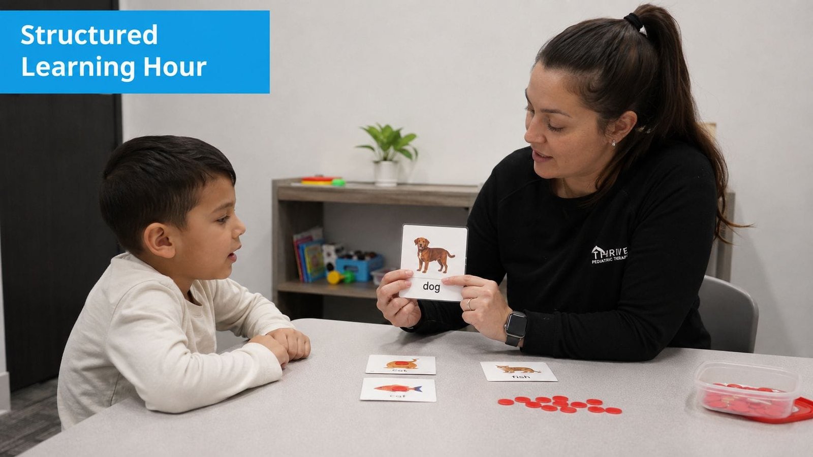 A pediatric therapist teaches a young child using flashcards during a structured ABA learning session.