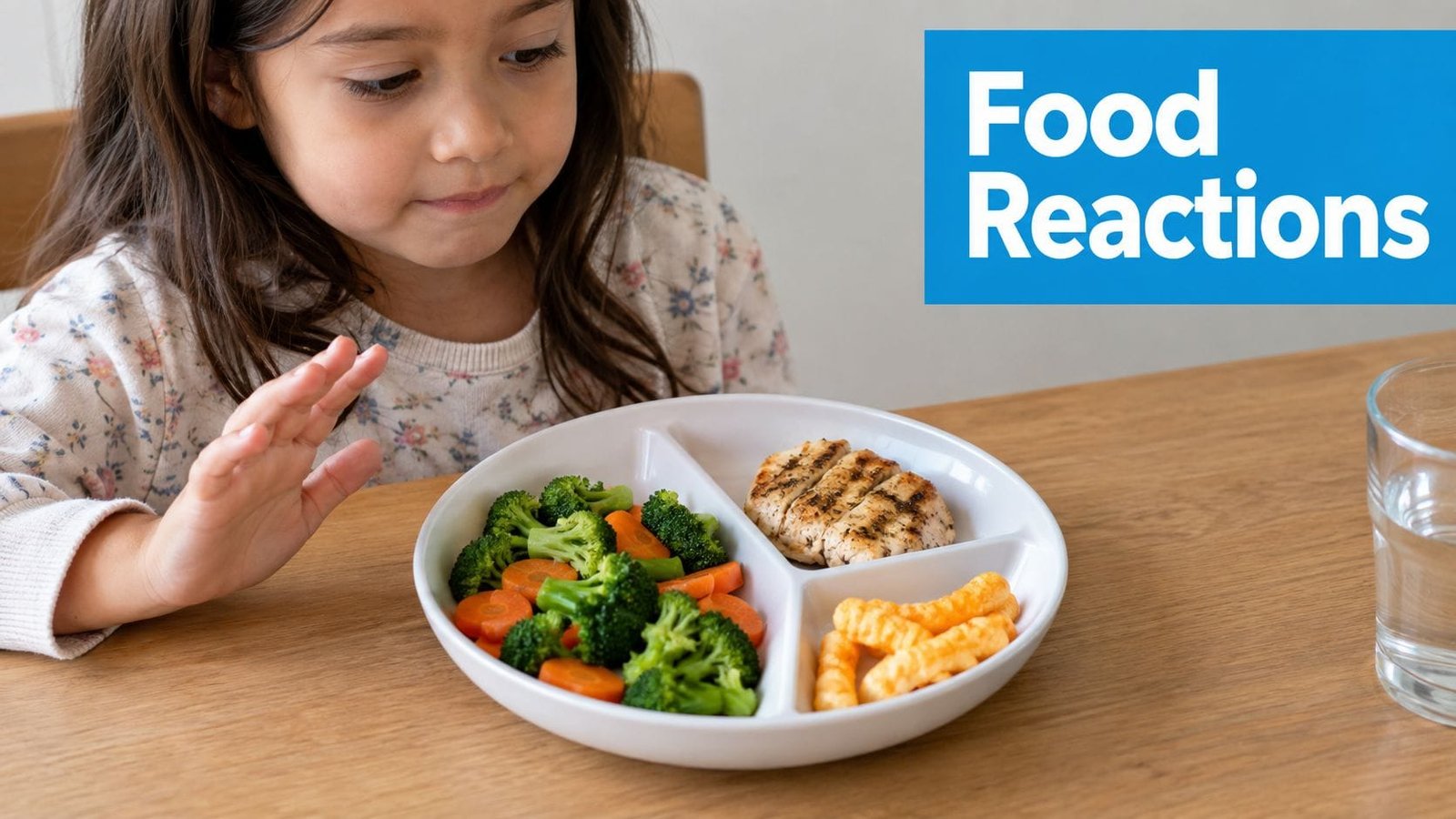 A young girl looking at a divided plate containing chicken, broccoli, carrots, and cheese puffs.