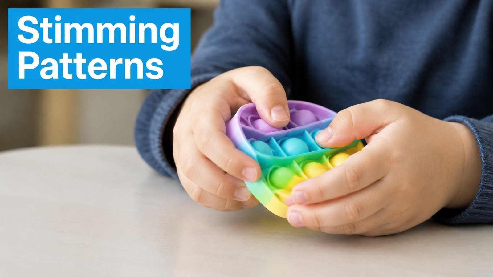 A close-up of a child playing with a multi-colored circular silicone sensory fidget toy on a table.