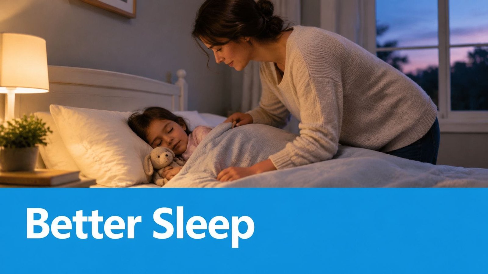 A mother gently tucks her young daughter into bed with a stuffed animal as she sleeps.
