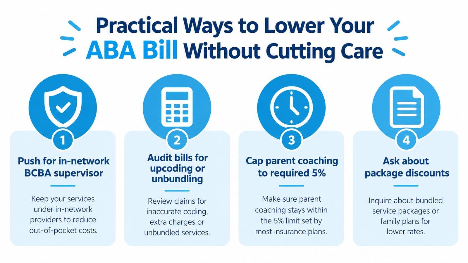 An infographic titled Practical Ways to Lower Your ABA Bill showing four numbered tips to reduce expenses.