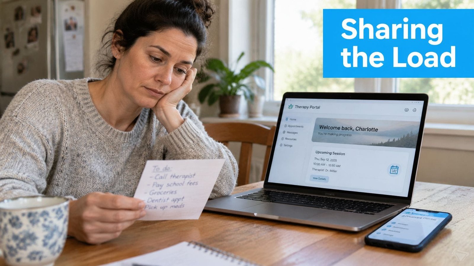 A tired woman reading a to-do list while working on her laptop and phone at home.