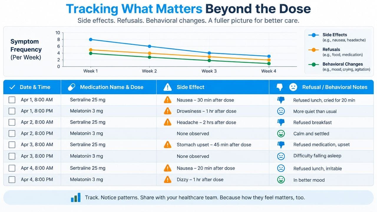 A chart and log table tracking medication side effects, food refusals, and behavioral changes over four weeks.