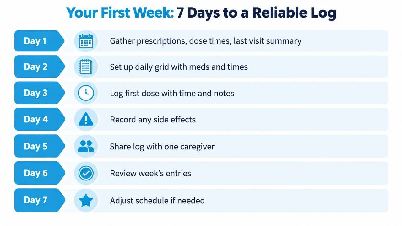 A seven-day plan outlining steps to build a reliable medication tracking log for better health management.