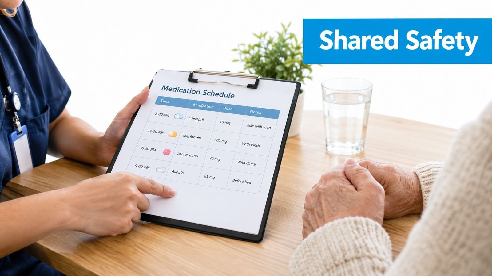A nurse reviewing a medication schedule on a clipboard with an elderly patient during a consultation.