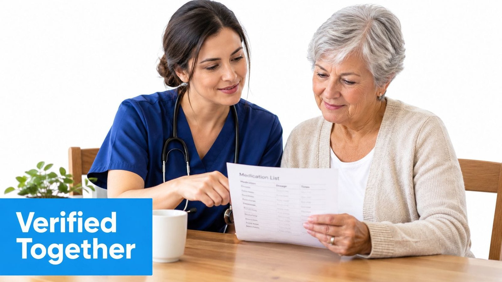 A professional nurse explains a medication list to an elderly woman while sitting together at a table.