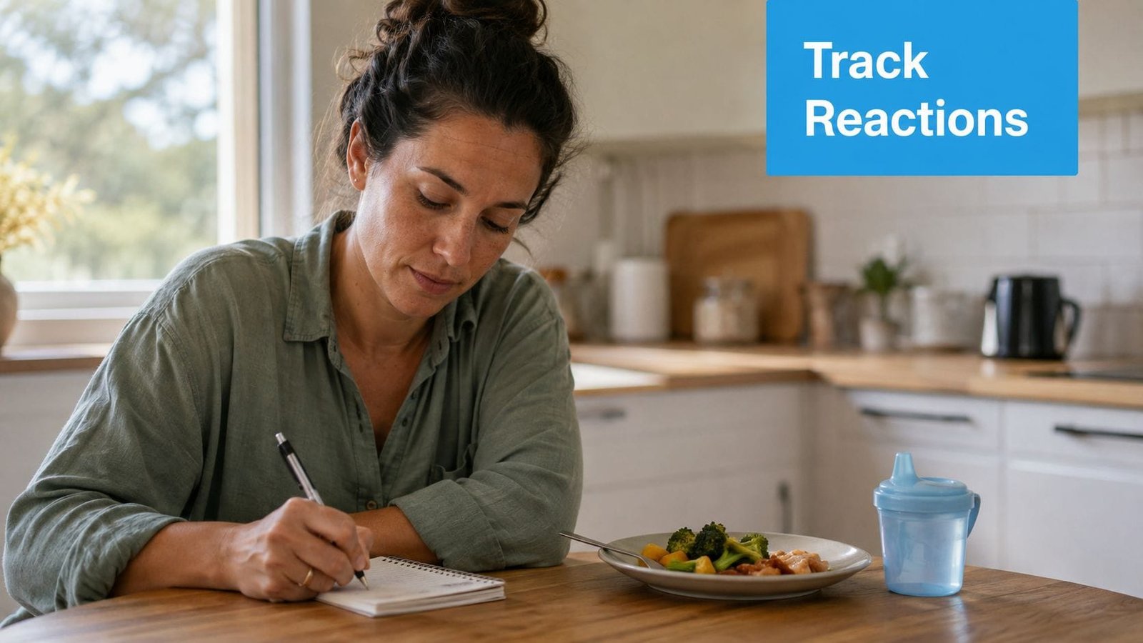 A woman sitting at a table writing in a journal next to her meal and sippy cup.