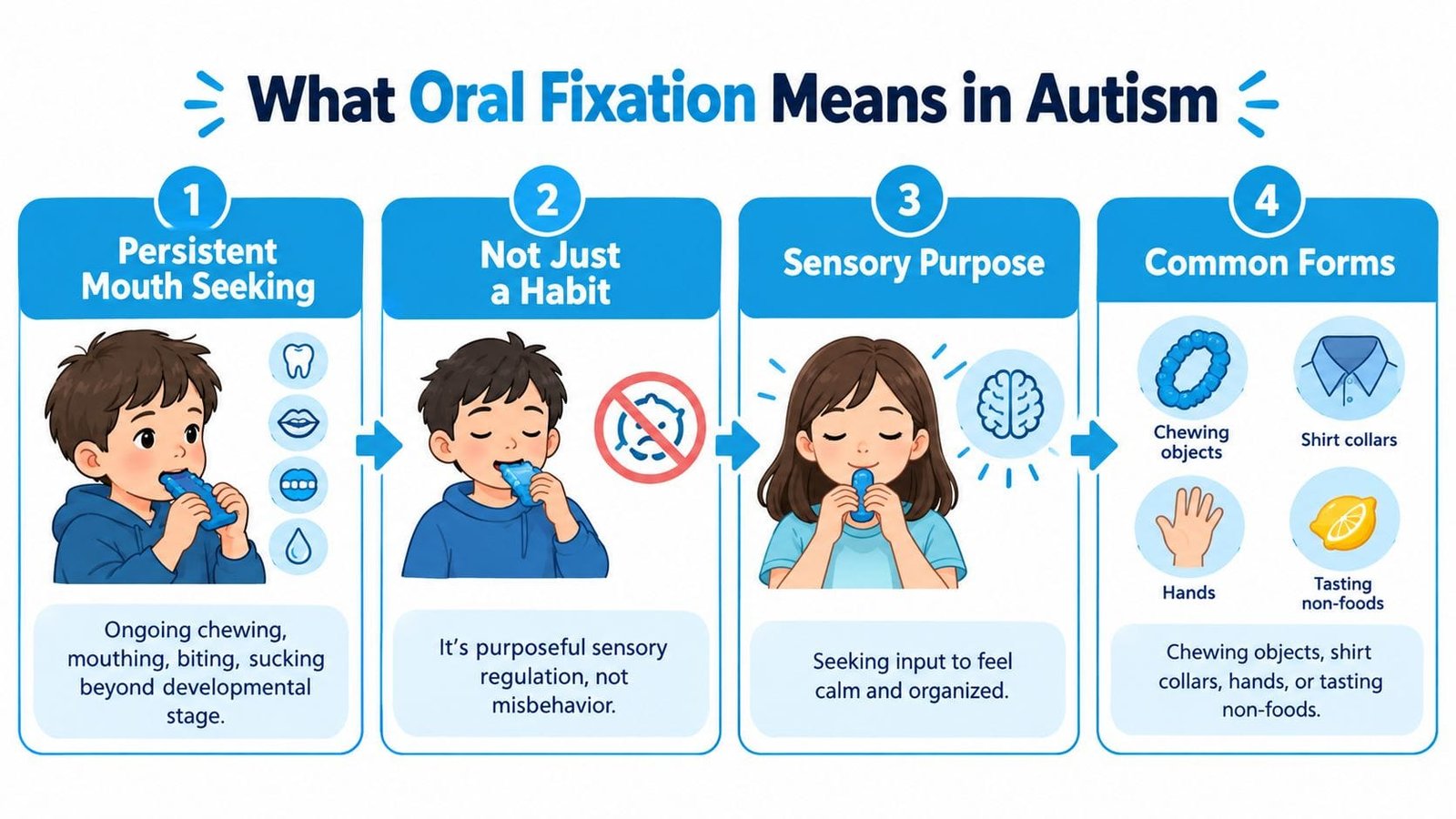 An infographic titled What Oral Fixation Means in Autism explaining mouth seeking behaviors and sensory regulation.