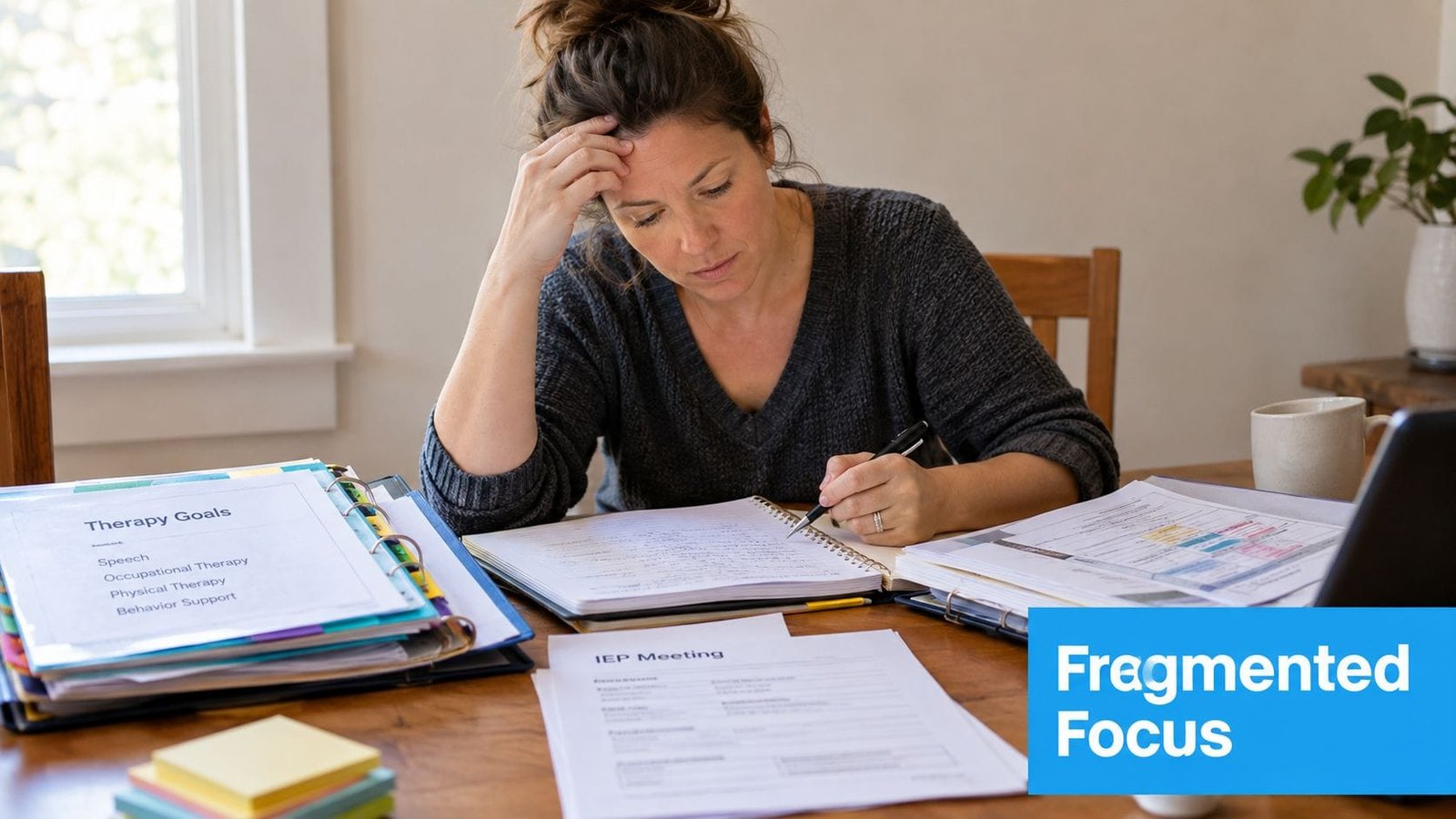 A woman looks stressed while organizing papers and documentation for an Individualized Education Program meeting at home.