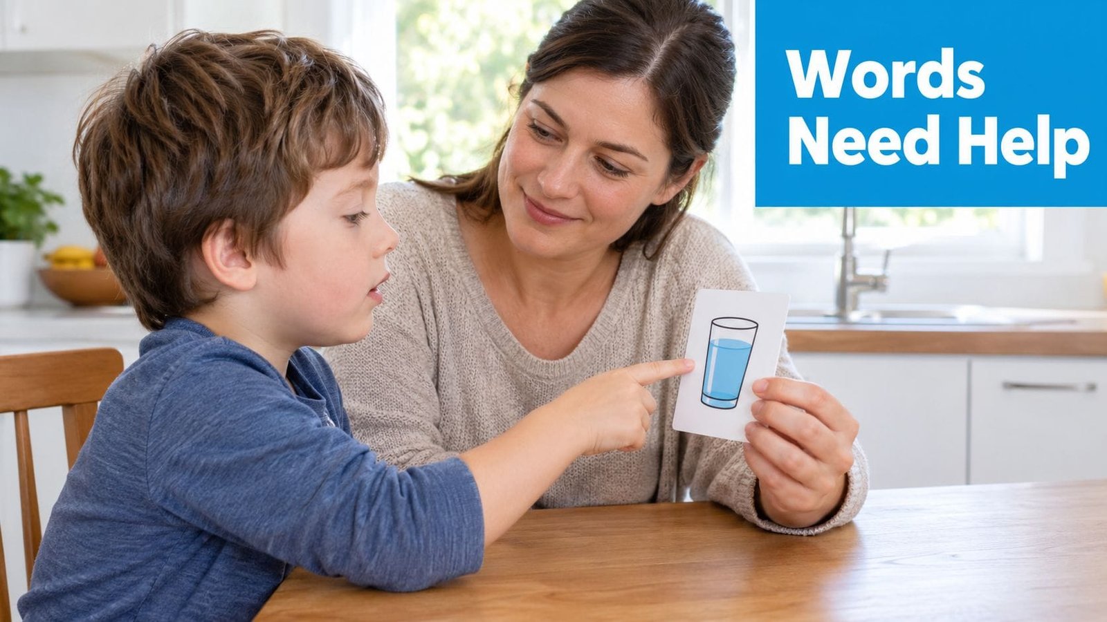 A mother sitting at a table with her young son, helping him learn with a picture card.