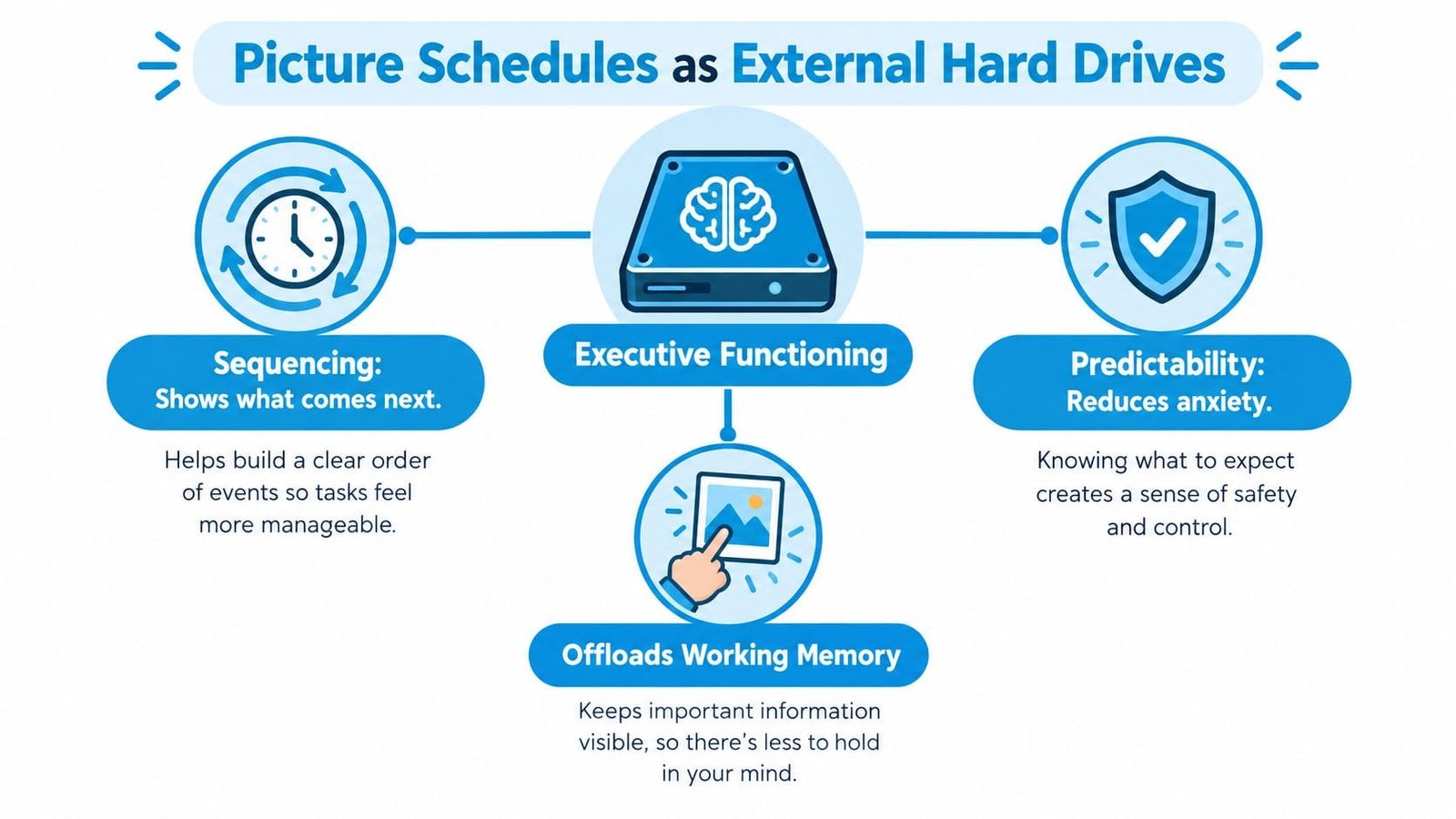 An infographic explaining how picture schedules function as external hard drives to support executive functioning and memory.