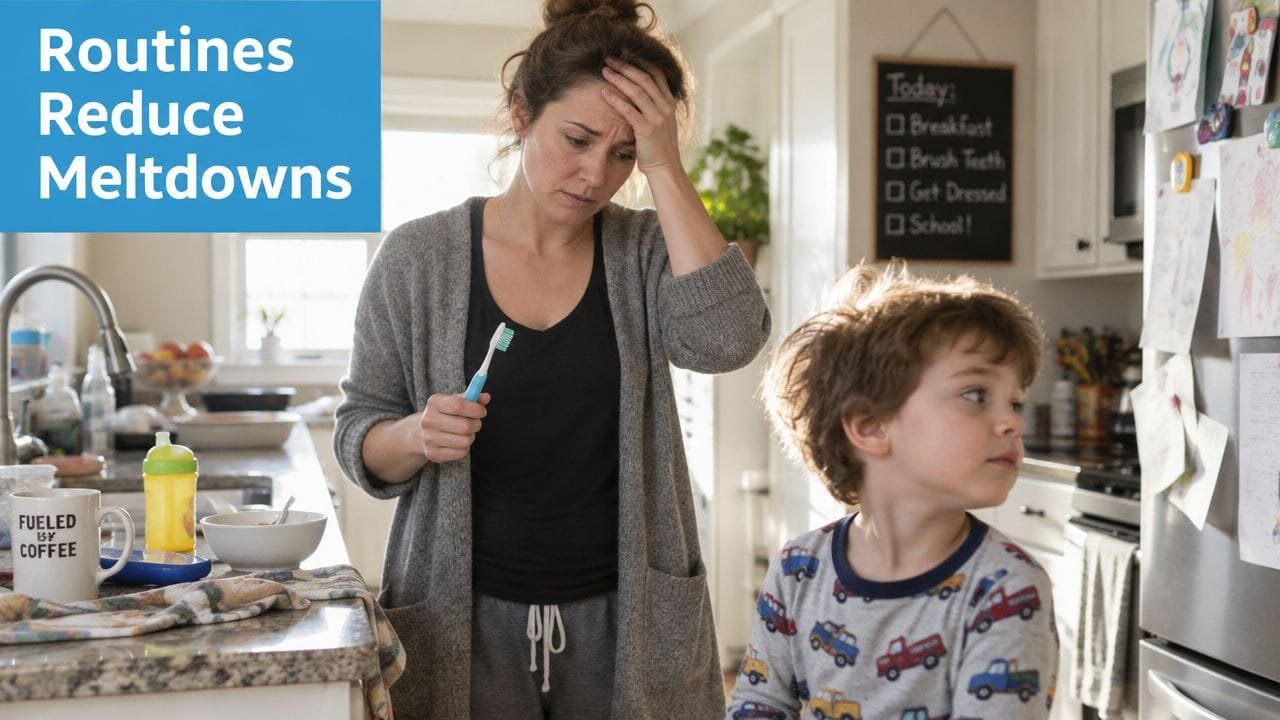 A stressed mother holding a toothbrush while her young son looks away in a busy kitchen.