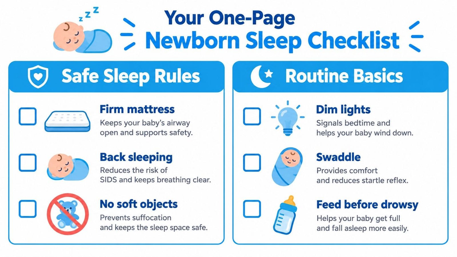 A helpful one-page infographic checklist for newborn sleep, outlining essential safe sleep rules and routine basics.