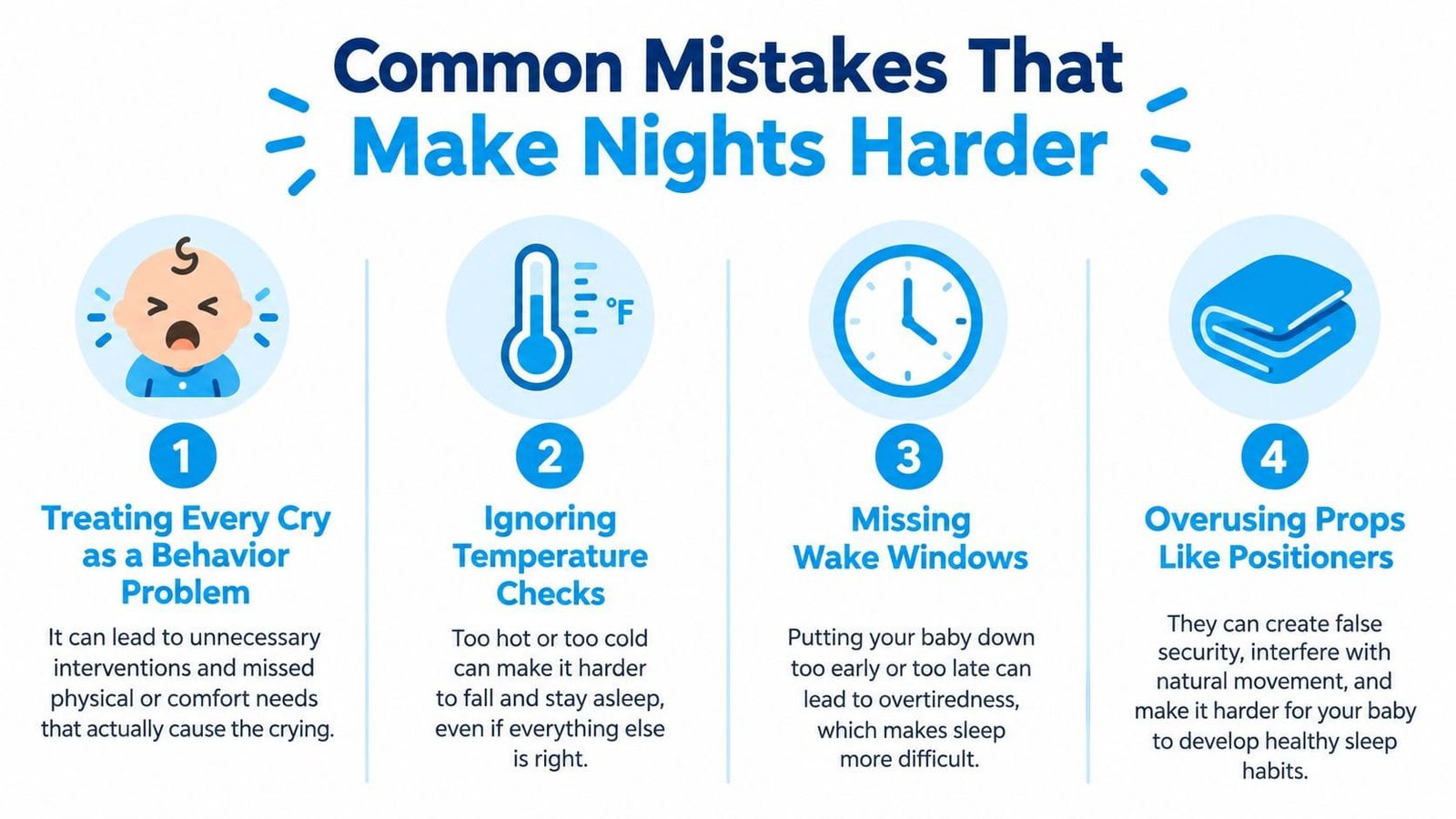 An infographic detailing four common mistakes parents make that negatively impact a newborn baby's nighttime sleep routine.