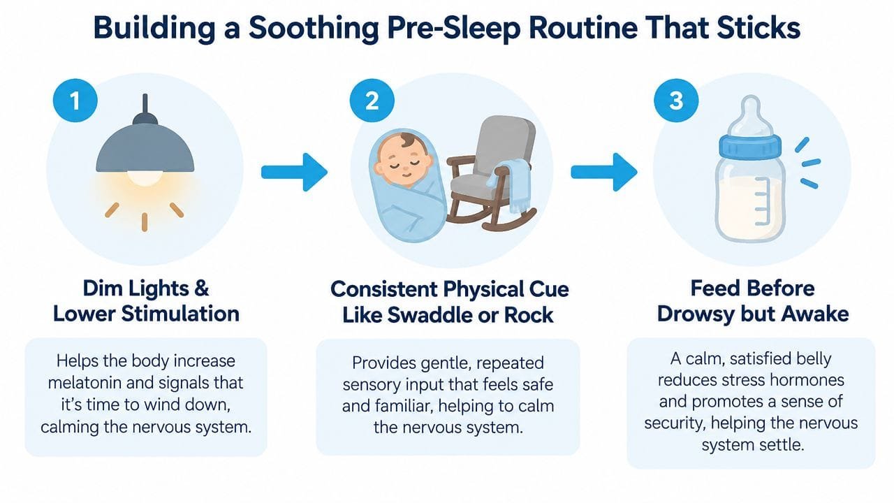 A three-step guide infographic for building a soothing pre-sleep routine for babies to promote better sleep.