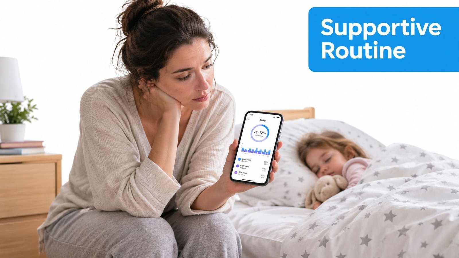 A mother sitting on a bed looking tired while checking sleep tracking statistics on her smartphone.