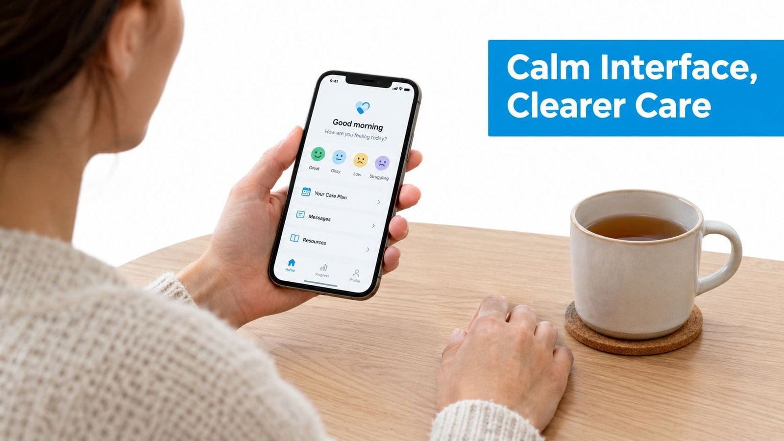 A person holding a smartphone showing a health care application with mood tracking and plan options.