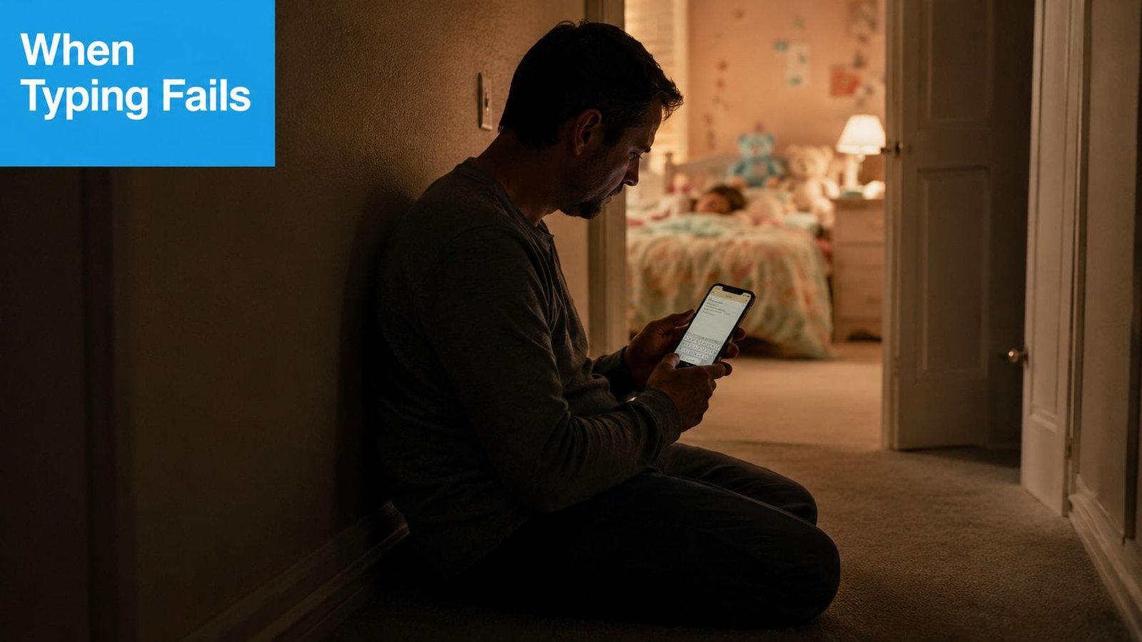 A concerned father sitting on the floor outside a bedroom while typing on his smartphone at night.